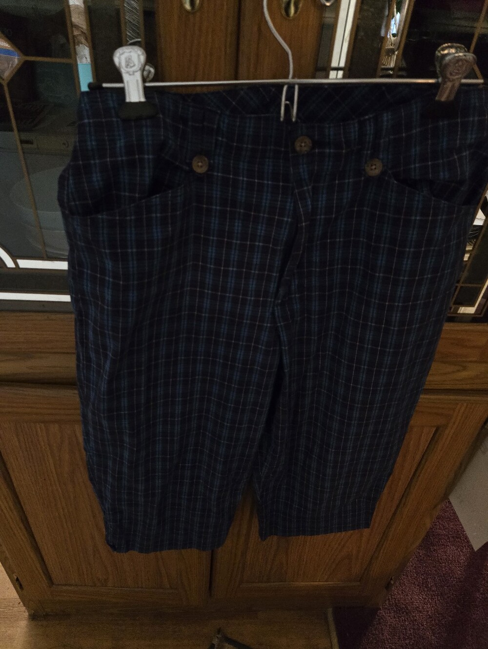 Plaid High-Waist Button-Front Shorts in Navy and Teal Pedal Pushers